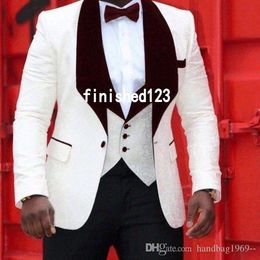 Classic Design One Button Ivory Groom Tuxedos Shawl Wine Lapel Groomsmen Best Man Mens Wedding Suits (Jacket+Pants+Vest+Tie) D:304