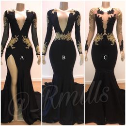 Modern Prom Dresses Mermaid Sexy Gold Lace Applique V-Neck Long Sleeves Illusion High Side Split Sweep Train Evening Formal Gowns