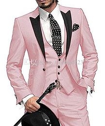 High Quality One Button Pink Wedding Groom Tuxedos Peak Lapel Groomsmen Men Formal Prom Suits (Jacket+Pants+Vest+Tie) W201