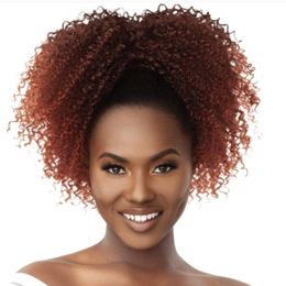 Afro Kinky Curly Puff Drawstring Ponytail Ombre Wine Red High Puffs Drawstring Bun 2 Clips in Hairpieces Donut Chignon Short Curly Hair