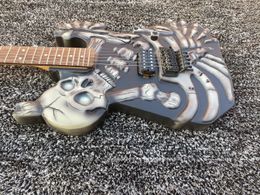 Rare Hand carved J Frog George Lynch Skull and Bones Black Electric Guitar Full floating Copy Floyd Rose Tremolo, Dot Inlay, Black Hardware