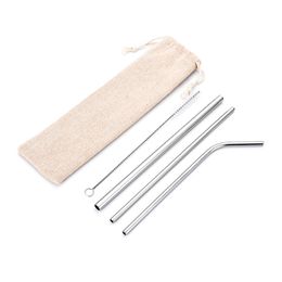 Stainless Steel Drinking Straws Set Straight Bent Juice Straw with Burlap Bag and Brush 215mm Metal Straws Sets