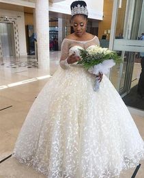 Ball Gown Wedding Dresses 2019 Middle East Church Long Sleeves Wedding Gown Sweep Train Beads Crystals Nigerian Bride Gown