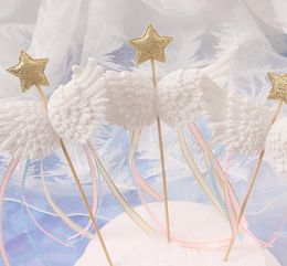 Angel Wings cake Decor Toppers Little Star Satin Tassel Cupcake Toppers Picks for Baby Shower Birthday Weddding White Pink Blue Black