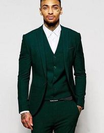 Excellent Dark Green Men Wedding Tuxedos Peak Lapel Groom Tuxedos Fashion Men Business Dinner Prom Blazer(Jacket+Pants+Tie+Vest) 677