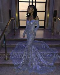 African Off The Shoulder Sequins Mermaid Prom Dresses 2020 Long Sleeves Sequins Women Pageant Dresses Long Party Evening Gowns BC3306