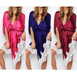 Women's Sleepwear 2021 Style Sexy Robes Women V Neck Satin Silk Lace Kimono Robe Dressing Gown Long Wedding Nightwear Summer