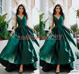 Modest V-Neck Satin Prom Dresses Dark Green A-Line Sleeveless Juniors Vestido de fiesta Plus Size Evening Formal Wea Party Gowns Cheap