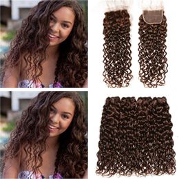 #4 Dark Brown Wet and Wavy Malaysian Hair 4Bundles with Closure Chocolate Brown Water Wave Human Hair Weave Bundles with 4x4 Lace Closure