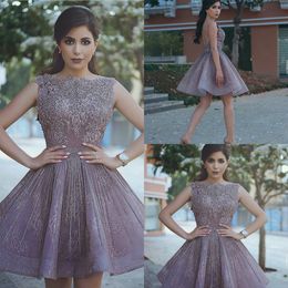 2019 Beaded Short Prom Dresses Bateau Neck A Line Lace Appliqued Mini Cheap Evening Dresses Arabic Formal Party Gowns Custom Made