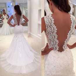 Arabic Romantic Mermaid Wedding Dresses with Train Sexy Deep V Backless Wedding Gowns Lace Bridal Dress vestido de novia sirena