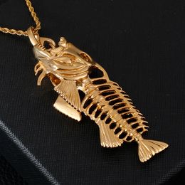 KP57176-BD New fashion stainless steel gold biker fish bone pendant charming necklace free chain .hot selling Jewellery for mens gifts