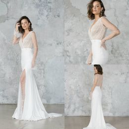 High Side Split Mermaid Wedding Dresses 2020 Long Sleeve Illusion Beach Bridal Gowns Sweep Train Custom Made Lace Country Wedding Dress