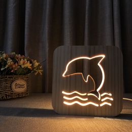 creative wood dolphin night lights led wood bedside lamp solid wood 3d night lamp usb power supply as kidss birthday gift