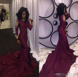 Burgundy Long Sleeves High Neck Evening Dresses Gold Applique Beaded Sweep Train Mermaid Formal Occasion Wear Prom Gown Custom Made