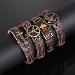 Mens Anchor Bracelets Charms Bangle Brown Leather Braided Animal Fashion Man Jewellery Handmade Adjustable Woven Bronze Alloy Bracelet Gifts