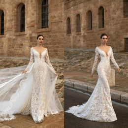 mermaid wedding dresses with detachable train appliqued lace long sleeves bridal dress ruffle sweep train custom made robes de marie