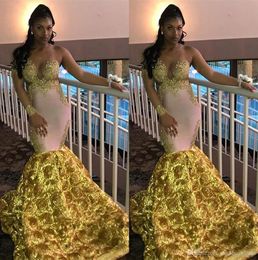 One Shoulder Lace Mermaid Prom Dresses Sheer Long Sleeves Tulle Applique Handmade 3D Floral Floor Length Formal Party Evening Dresses