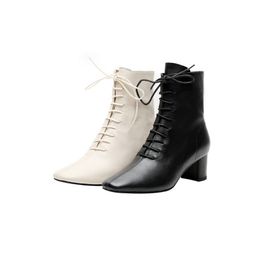Hot Sale-Retro Square Toe Zipper Lace Up Warm Fur Women Shoes Leather Square High Heel Winter Ankle Boots