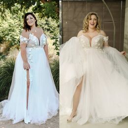 2020 New Arrival Wedding Dresses Zipper Tulle Lice Applique Wedding Gowns Floor Length Spaghetti Split Bridal Gown