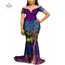 African Dresses for Women Bazin Riche Patchwork Wax Print Evening Long Pearls Dresses Dashiki Women African Clothing WY4065