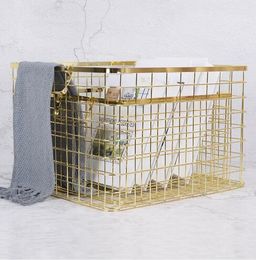 Nordic Wind Electroplated Gold Belt Storage Baskets Handheld Metal Iron Art Receiving Basket Dirty Clothes Household Suppl