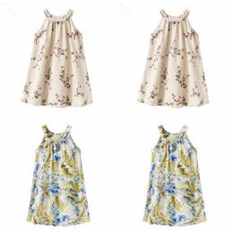 Kids Designer Clothes Baby Girls dress INS Girls Linen Vest Princess dresses Kids Girls Floral Print Linen Dresses Ruffles with bows D1021