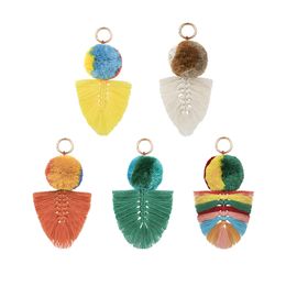 Macrame Feather Keychain with Fuzzy Balls Handmade Cotton Feather Key Rings Handbag Charm Car Key Ring Chain Decor Boho Keychains