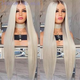 Pre Plucked simulation brazilian hair ombre Lace Front Wig 150% Density Blonde synthetic Straight Wig heat resistant for Black Women