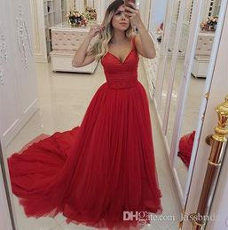 Sexy Red Long Prom Dresses Spaghetti Bead Waist Tulle Evening Gowns Cocktail Party Ball Bridesmaid Dress Special Occasion Formal Gown