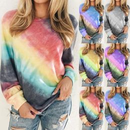 2020 Spring T Shirt Women casual Tie Dye Gradient Hoodie Ladies Pullover Top Rainbow Design Clothes Loose Shirt Fashion Girls Blouse D21705