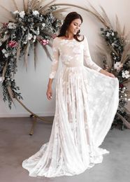 Vintage Bohemian Wedding Dresses with Nude Lining Long Sleeves Open Back Full Lace Boho Beach Garden Bridal Gowns