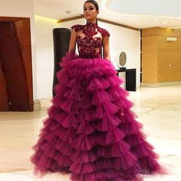 Elegant Celebrity Prom Dresses 2020 Long High Neck Cap Sleeves Tiered Skirts Evening Dress With Sheer Neckline Lace Appliques Cocktail Gowns