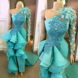 Ebi Arabic Aso Luxurious Split Evening Lace Beaded Crystals Prom Dresses One Shoulder Formal Party Bridesmaid Pageant Gowns