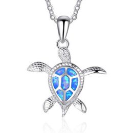 Animal Turtles Pendant Necklace Natural blue Opal Sea Women Jewellery Alloy Silver Elegant Beach Tortoise Necklaces241D