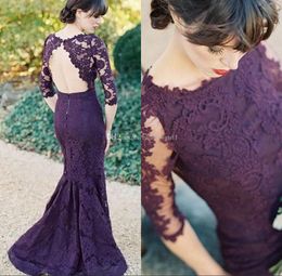 Purple Full Lace Mermaid Evening Dresses Jewel Neck Pleats Floor Length Prom Dress Evening Gowns Evening Wear Abendkleider robes de soirée