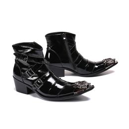 British Buckle Men Motorcycle Black Pointed Toe Genuine Leather High Heel Party Dress Shoes Cowboy Short Boots Botas