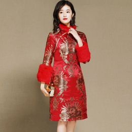 Red Winter Shanghai Story silk women Qipao Chinese dress Long Sleeve Asian cheongsam gown Knee Length Oriental ethnic clothing