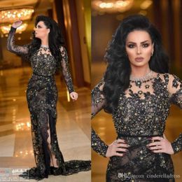 -2020 elegante nero arabo del manicotto del merletto lungo Abiti da sera con Split Mermaid Prom Dresses Madre della Sposa Abiti
