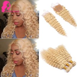 Blonde Color #613 Deep Wave Curly Virgin Brazilian Human Hair Weave 3 Bundles With closure Honey Blonde Color 613 DeepWave Bleached