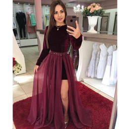 Detachable Train Burgundy Prom Dresses Long Sleeve Velvet Sheath Beaded Formal Evening Gowns Dubai Party Gala Dress