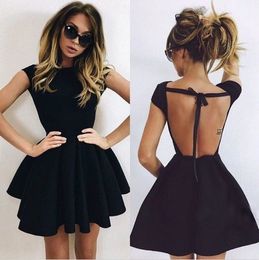 Simple Satin Cap Sleeve Black Cocktail Dresses Cheap Ruched Open Back Graduation Dress Homecoming Party Evening Prom Dresses Short 15 Years