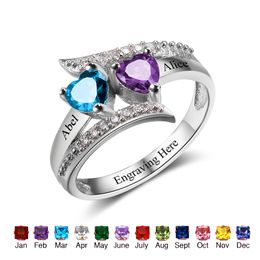 Custom Rings Personalised Heart Birthstone Jewellery 925 Sterling Silver Rings For Women Engrave Name Free Gift Box (RI102499)