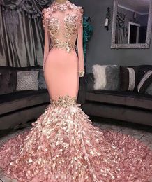 2019 Luxury Pink Mermaid Prom Dresses High Neck Sheer Long Sleeves 3D Floral Flowers Appliqued Evening Party Celebrity Dress BC1046