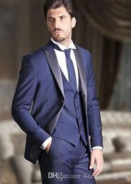 Customise Cool Navy Blue One Button Wedding Groom Tuxedos Men Suits Wedding/Prom/Dinner Best Man Blazer(Jacket+Tie+Vest+Pants) N49