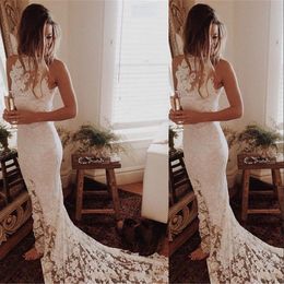 New Cheap Bohemian Sexy Arabic Mermaid Wedding Dresses Summer Beach Halter Illusion Full Lace Sweep Train Formal Plus Size Bridal Gowns