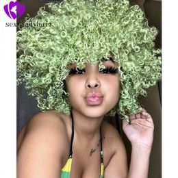 Green color Curly Lace Front Wig With Bangs Brazilian Short Front Lace Wigs With Baby Hair synthetic wig For Black Women