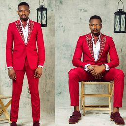 2019 New Beading Men Red Suit Groom One Button Slim Fit Wedding Tuxedos Formal Business Best Man Wear(jacket+pants)