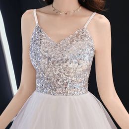 Sexy Silver Prom Dress Spaghetti Style Shining Sequins Top with Soft Lining Party Dress Tea Length