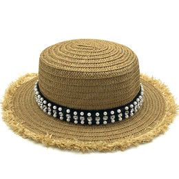 New summer Flat sun hats for women chapeau feminino straw hat panama style Side with pearl Beach bucket cap girl topee